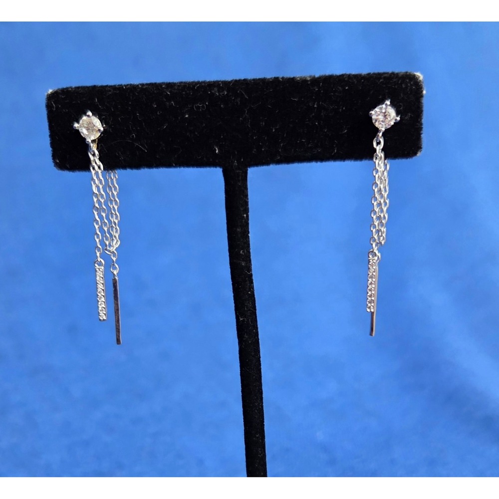 PAVOI 14K White Gold Plated Sterling Silver Cubic Zirconia Chain Bar Earrings